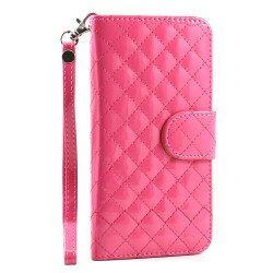 Samsung Galaxy Note 4 Glossy Quilted Flip Leather Wallet Case w Stand and Strap (Hot Pink)